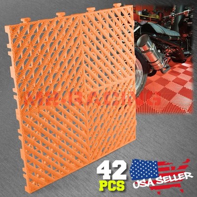 42pcs 16''x16'' Orange Garage Floor Mat Perforated Flooring Tile Shop Interlocking