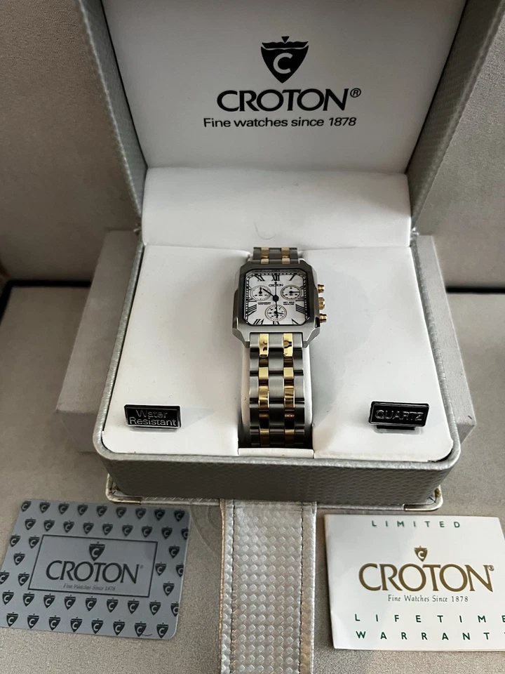 CROTON 18K GOLD BEZEL & CROWN And LINKS, SAPPHIRE CRYSTAL, NOS. Swiss - Image 2 of 4