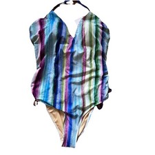 NWT Swimsuits for All Daydream Women  s Halter Striped One Piece Swimsuit Size 16