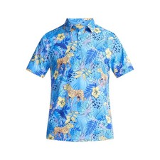 Birdie Bound Mens Jungle Leopard Azure Blue Printed Golf Polo Shirt Size 3XL