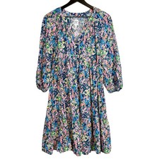 GAP Maternity Balloon Sleeve 3 Tiered Knee Length Dress Blue Pink Button Up - S