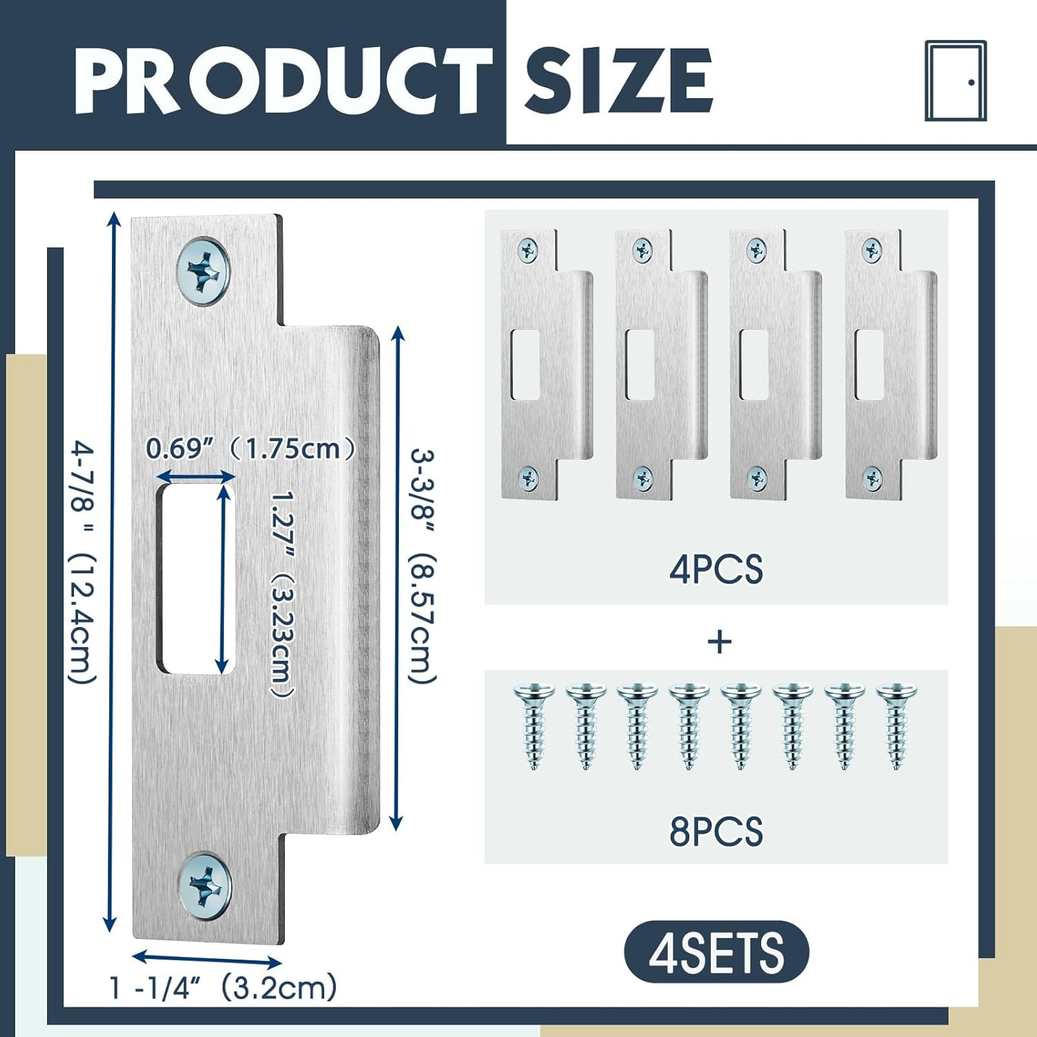 4 Pcs 4 7/8 X 3 3/8 X 1 1/4 Inch Deadbolt Strike Plate Stainless