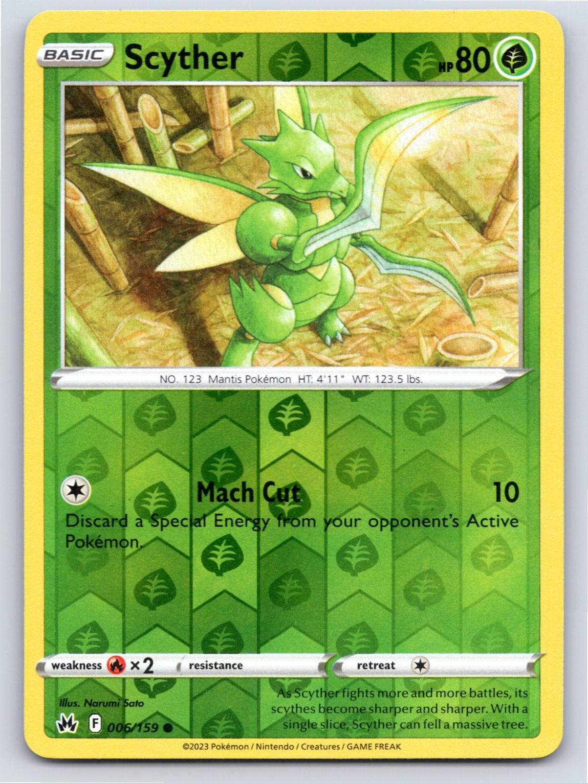 2023 POKEMON SCYTHER CROWN ZENITH 006/159 REVERSE HOLO COMMON NM A45578 FREE S&H