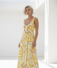 VINTAGE Handmade 70s Psychedelic Maxi Dress Yellow Festival Groovy Hippie Mod
