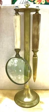 Vintage 3Pc Desk Set Magnifying Glass, Letter Opener Bone handles W/Brass Stand