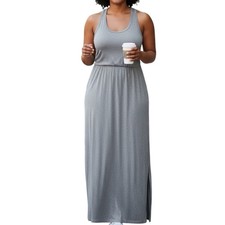 J. CREW Gray Solid Jersey Maxi Dress Scoop Neck Sleeveless Side Slit Stretch M