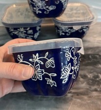 Temptations Floral Lace Blue Set Of 2 Refrigerator Storage Bowls W/lids 8oz 3"ht