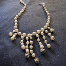 Vintage Champagne Pearl Bib Necklace Filigree Glass Beads Fringe Collar Choker