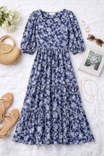 Smith & Quinn Blue White Floral Midi Dress Small Puff Sleeve Vintage Style