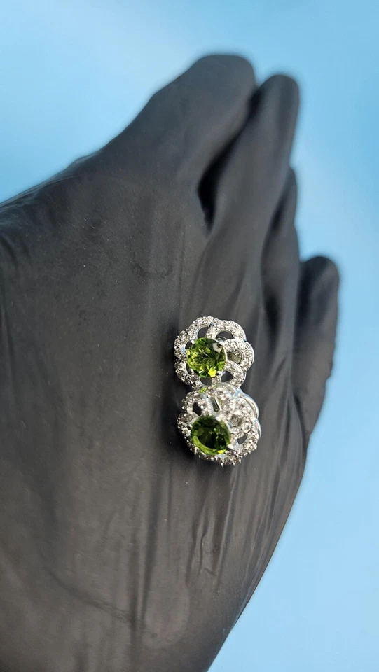 Round Cut Lab Created Peridot Stud Earrings 14K White Gold Plated Halo Studs - Image 3 of 4