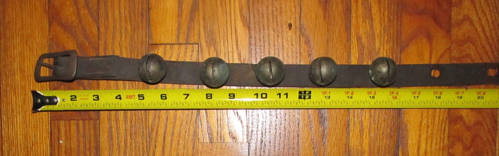 Antique Strand of 25 Brass Sleigh Bells 93" Long w/ Buckle Circa 1880's