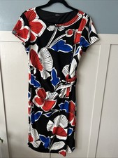 Roman Occasion Dress Size 14 Black Floral Twist Front Midi Length Stretch Party