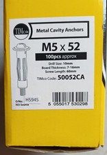 Timco M5 X 52 Metal Cavity Anchors Approx 100  Per  Box (plasterboard fixing)