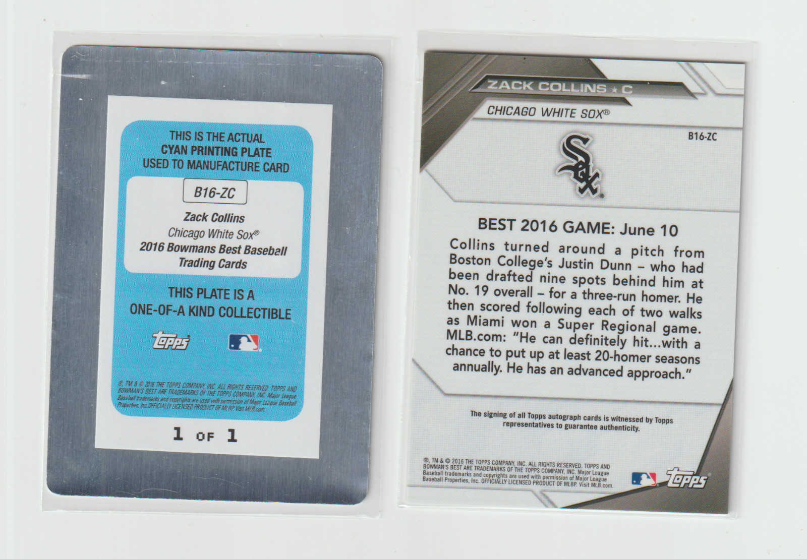 2016 Bowman's Best-Zack Collins 1/1 PP  Autograph+base Auto-Chicago White Sox view 2