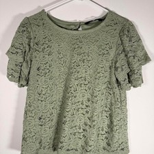 Fig Sage Green Floral Rose Lace Flutter Sleeve Blouse Top Medium