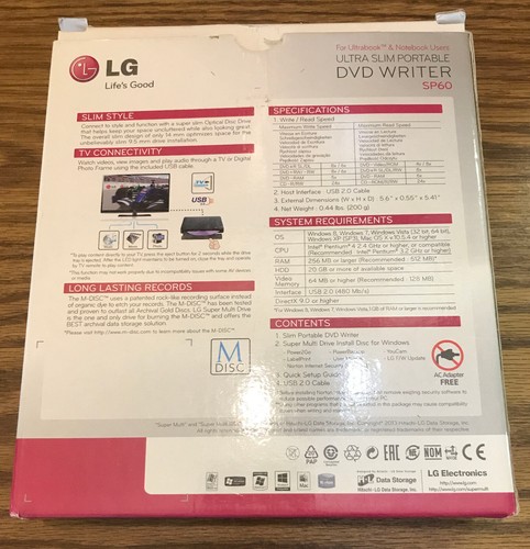 LG Model SP60 Ultra Slim Portable DVD CD Writer- Mac -Windows - Afbeelding 3 van 8