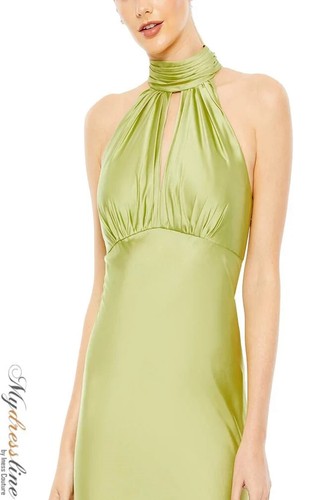 Vestido Mac Duggal Nuevo sin Etiquetas Cerradura Corbata Halter Cuello Satinado Columna Verde Manzana Talla 14 - Imagen 3 de 8