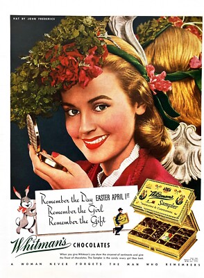 1945 EASTER WHITMAN'S SAMPLER Genuine Vintage Print Ad Chocolate Candy