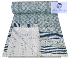 Vintage Block Print Kantha Quilt Blanket Indian Bedspread Coverlet Throw Art
