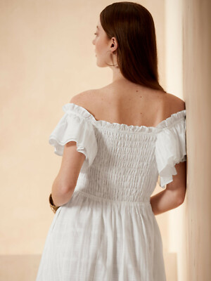 banana republic smocked ruffle midi dress Banana Republic M P Smocked Ruffle Midi Dress Medium Petite White #789699  NWOT