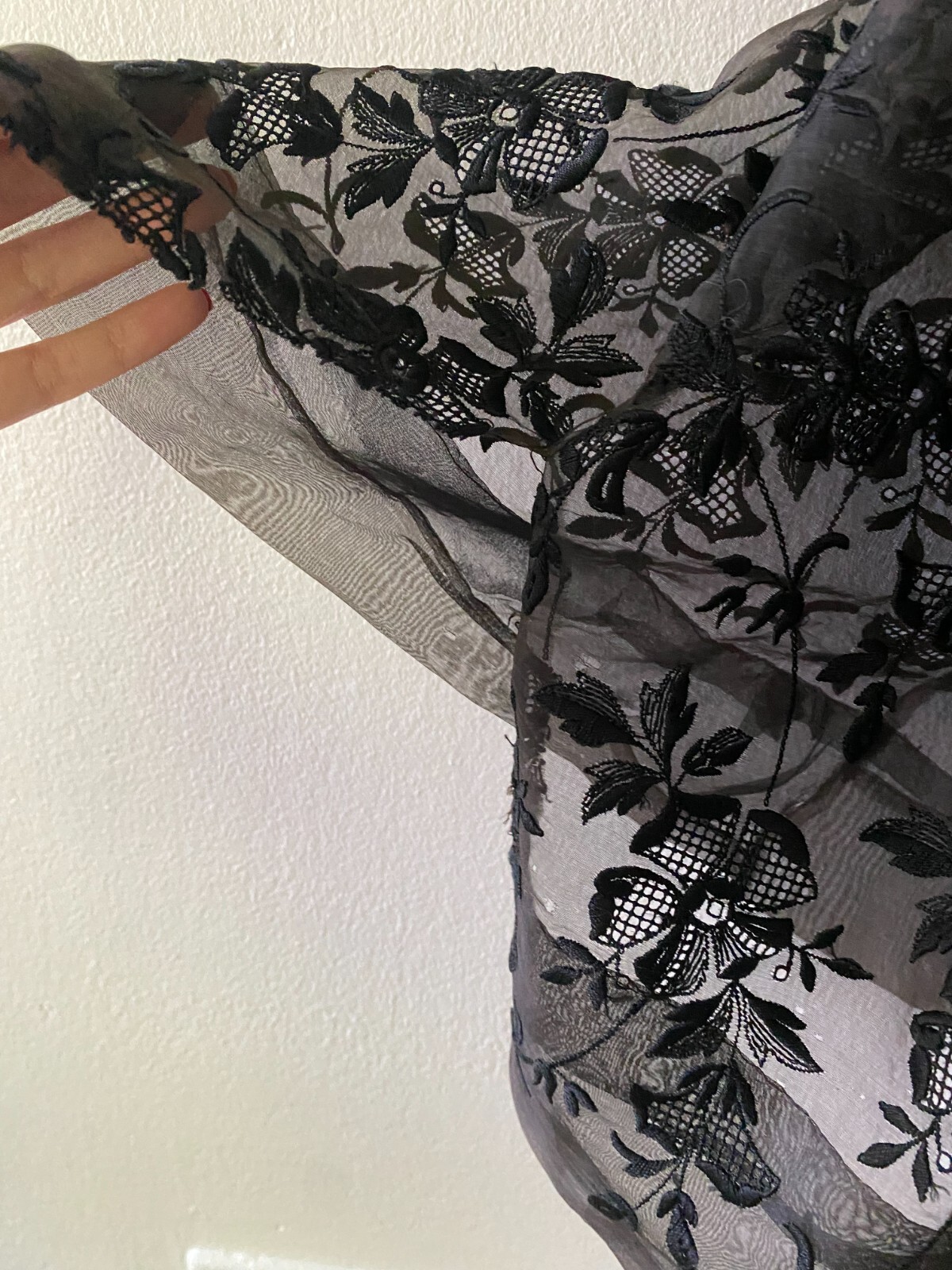 Rare Antique Victorian Edwardian Black Embroidered Sheer Dress Goth Small