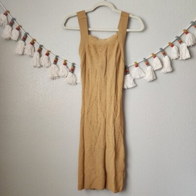 Urban Outfitters Ribbed Knit Tie Open Back Camel Midi Dress Minimalist Boho S