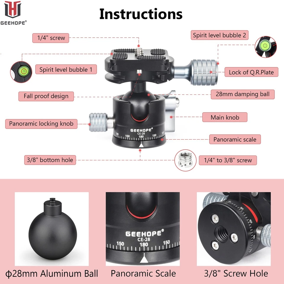 GEEHOPE CE-28 Low Profile Stativköpfe Universal Metall Kugelkopf für DSLR Kamera - Bild 4 von 4