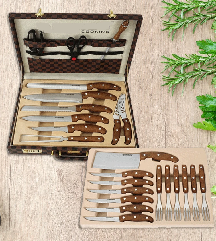 Set Coltelli & Posate 25 pezzi Alta Qualità Acciaio Inossidabile Manico in Noce - Immagine 2 di 2