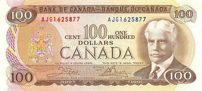 カナダ　$100 一枚 Canada $100 1975 P 91b Series AJG Circulated Banknote N #12 | eBay