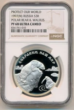 [121105] Russia 1997 3 ROUBLES Wild life Polar Bear Silver  NGC PF68 Ultra Cameo