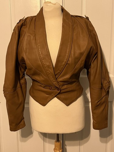 Vintage 1980s Brown Cropped Leather Moto Jacket Dolman Sleeves Size 2 XS