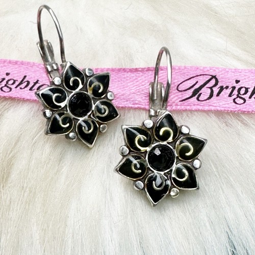 Brighton Garden of Eden Black Crystal Flower Hook Drop Silver Plate Earrings - Picture 2 of 6