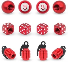 12PCS Red Tire Valve Stem Caps, Dice 8 Ball Grenade Style Universal Aluminum