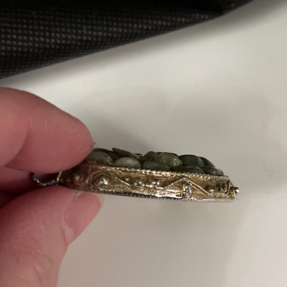 (u718) ¿Ágata verde? Colgante Piedra Jade? ¿Turquesa? Esmalte dorado tono plata 1-3/4 Foto 3 de 3