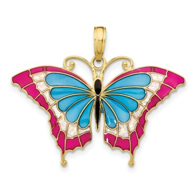 Echt 10kt Gelbgold blau & rot emailliert Schmetterling Anhänger