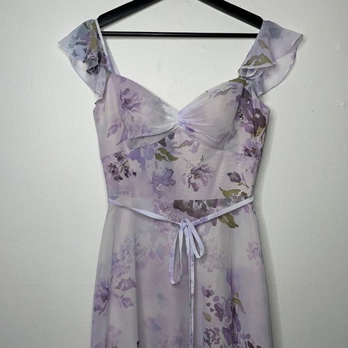 Abito in chiffon floreale lilla Marchesa con volant cami spalline e cravatta in vita taglia 0 - Foto 6 di 14