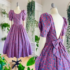 Vintage 1980s 80s LAURA ASHLEY Floral Cotton Puff Sleeve Midi Tea Day Dress