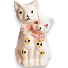 Vintage ArtMark Porcelain Kitty Couple Figurine Pink Ribbons Kitsch Cats READ