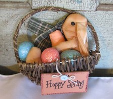 Primitive Cloth Easter Bunny in Egg Basket w Sparkly Easter Eggs HAPPY SPRING