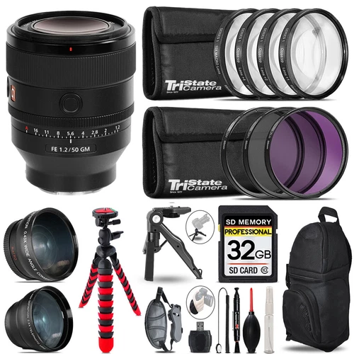 Sony FE 50mm f/1.2 GM Lens (Sony E) - 3 Lens Kit +Tripod +Backpack - 32GB Kit