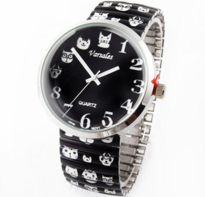 Varsales New‎ Black Cat Watch w/ Stretch Band St Steel Back Varsales Watch Women 21mm Silver Tone Black Enamel Stretch  main image 3