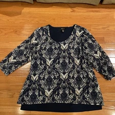 Style & Co top size XL 3/4 sleeve lined Blue/White/Tan Texture blouse stretch