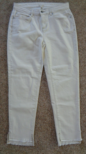 Eileen Fisher Women's Off White Tan Stitching Copped Raw Edge Jeans Size 8P