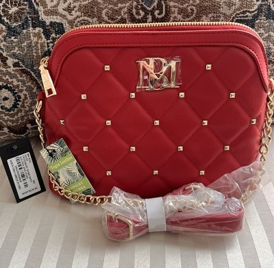 Badgley Mischka Red Quilted Studded Crossbody Bag Gold Chain Strap Zip Small