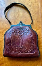 Antique Arts and Crafts Art Nouveau Hand Tooled Leather Handbag Purse 1900s