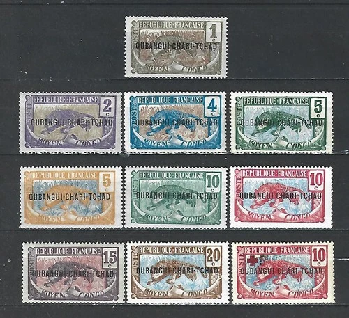French OUBANGUI-CHARI TCHAD 1915  Beautiful set of 10 new stamps *.       (9299)