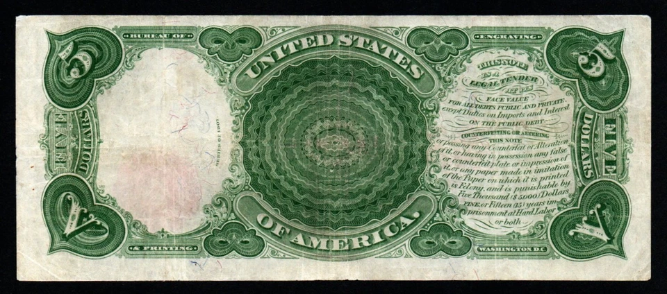 1907 $5 PCBLIC ERROR WOODCHOPPER VF+ Legal Tender United States Note! - Image 2 of 3