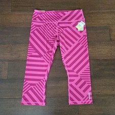 NWT Reebok Skinny Capri Activewear Leggings Sz L Pink Geo Striped Print Mid Rise