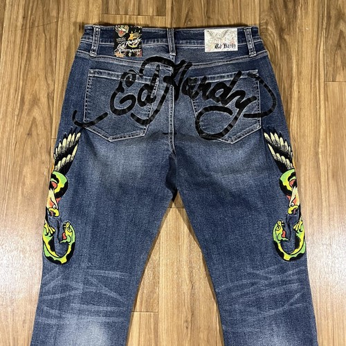 Ed Hardy Jeans Mens 32x32 Blue Slim Straight Tattoo Snake Embroidered Denim