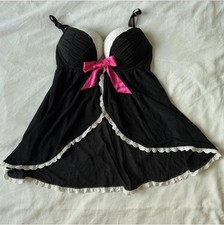 Vintage Babydoll Lingerie Top Pink Bow White Lace Size Small